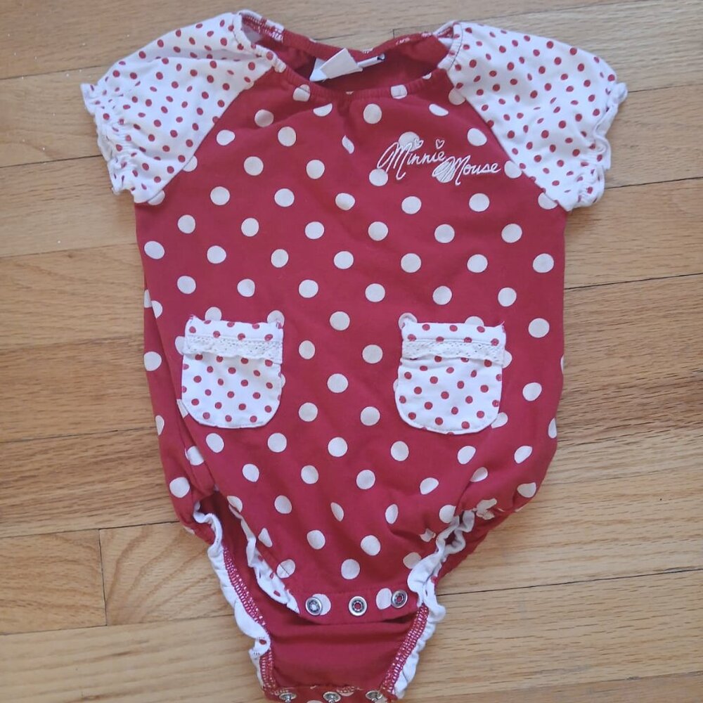 Red and White Polka Dot Minnie Mouse Onesie - 12 months
